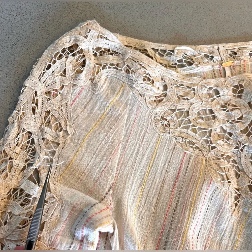 Free People Cream Lace & Striped Detail Peasant Top, XS